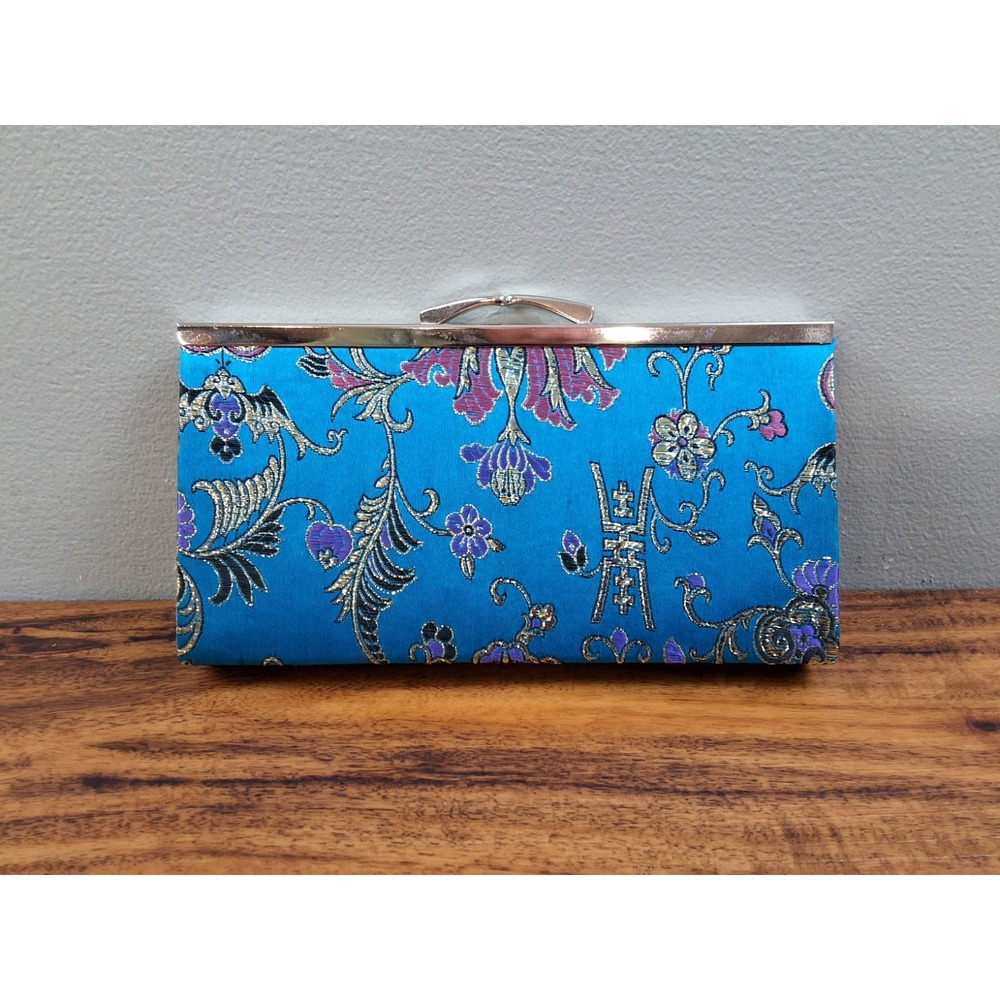 Floral Blue Silk Embroidered Hard Shell Kiss Lock Clutch Bag Evening Purse